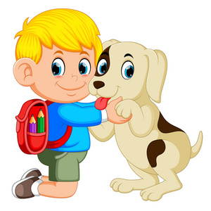 一个拿着背包抱着狗的男孩