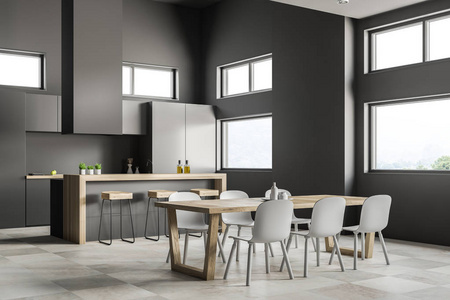 现代厨房和餐厅的侧视图, 配有灰色墙壁瓷砖地板灰色柜子木制和灰色酒吧以及带白色椅子的木桌。3d 渲染