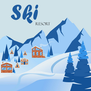 滑雪冬季度假村景观。山区旅游综合体。向量例证