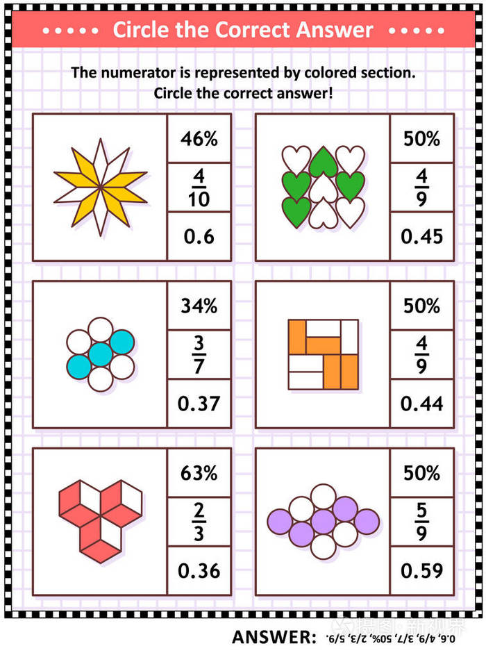 数学技能和iq 训练视觉拼图或工作表为小学生和成人 圈出正确的答案 查找每个图形分数表示的等效数字 答案包括插画 正版商用图片0tjsnw 摄图新视界