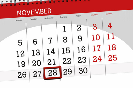 日历规划器月份, 截止日期 2018 11月, 28, 星期三
