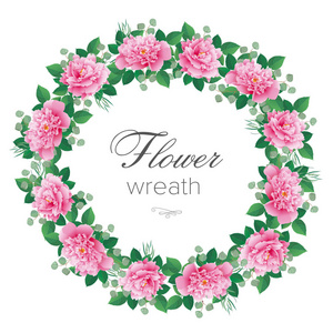 浪漫的花环, 圆形的框架与粉红色的牡丹。可作为请柬举行婚礼生日感谢卡情人节等节日和夏季背景。向量例证