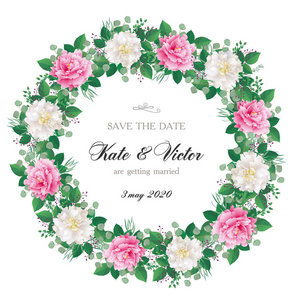 浪漫的花环, 圆形框架与粉红色和白色的牡丹。可作为请柬举行婚礼生日感谢卡情人节等节日和夏季背景。向量例证