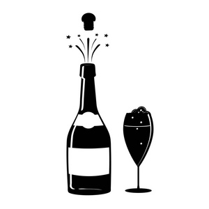 香槟或葡萄酒图标。一个香槟瓶和一个杯子的黑色剪影。意象。向量