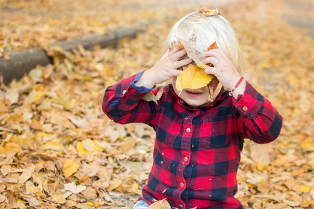 蓝眼睛的小女孩坐在落叶和玩的乐趣