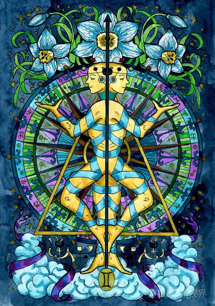 十二生肖, 手绘奇幻图形插图.神秘绘画与星座符号, 占星术概念