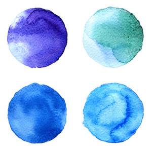 蓝色水彩手绘圆白色孤立的一套。艺术设计的插图。圆的污渍 blob