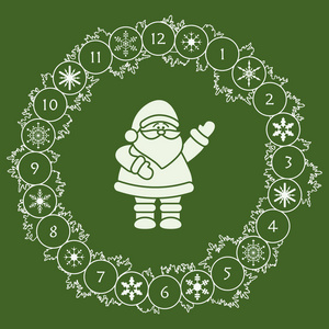 圣诞老人和圣诞花圈与冷杉分支, 雪花。新年和圣诞节符号。新年快乐2019卡