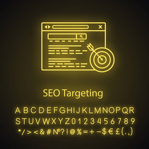 有针对性的广告霓虹灯图标。广告定位。Seo。搜索优化。搜索结果。有针对性的 seo 营销。网站排名。发光的符号与字母表, 数字。