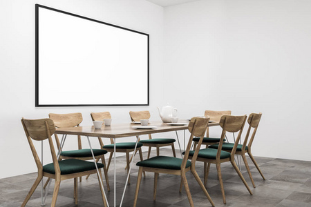 现代餐厅的角落, 白色的墙壁, 瓷砖地板, 长木桌与绿色的椅子站在它和水平模拟海报框架。3d 渲染
