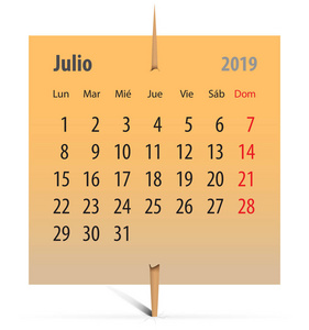 2019年7月西班牙日历上贴有牙签的橙色标签。向量例证