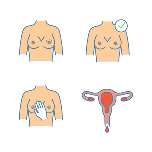 妇科颜色图标设置.乳房皮疹, 女性健康, 乳房触诊, 月经照片