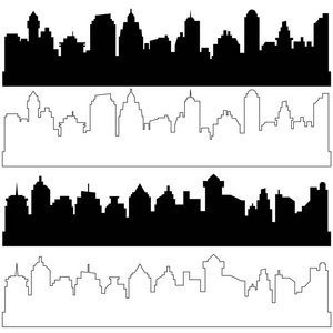 黑色和线性城市剪影, 不同的黑色水平城市景观的向量集合。设计横幅网页设计建筑背景的元素