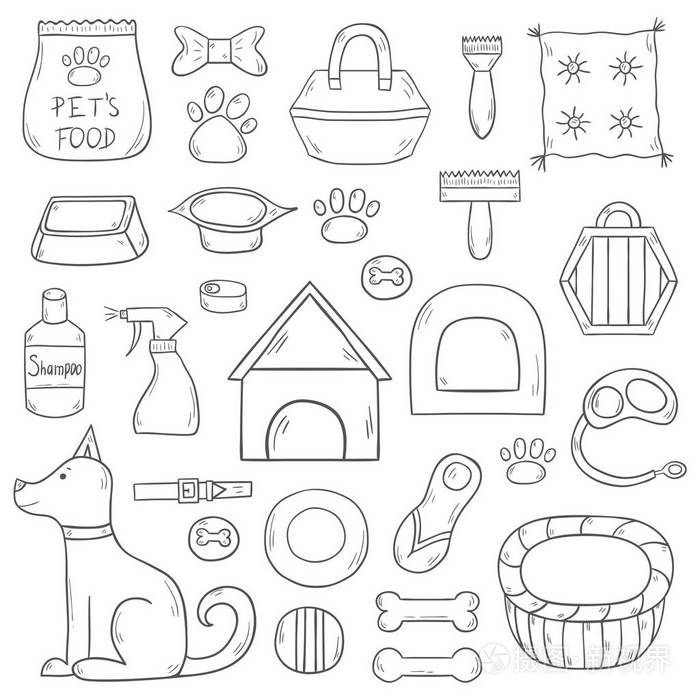 狗屋, 训练器材, 配件, 玩具和洗发水插画-正版商