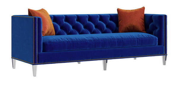 蓝色的经典沙发, 白色背景上有两个橙色枕头。数字插图。