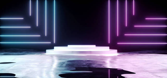 空现代未来派科幻空黑暗的中央反光湿房与白色的领导发光舞台上的黑色背景与紫色和蓝色抽象霓虹灯形状线三维渲染插图