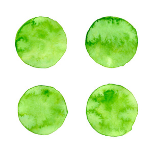 矢量绿色水彩圆圈自然, 有机, 生物, 生态标签和形状在白色背景上。手绘污渍套装