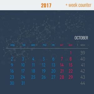 10 月 2017年与抽象医学背景的日历模板