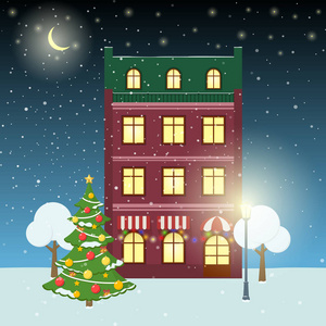 圣诞夜冬天街枞树 卡通房子与降雪