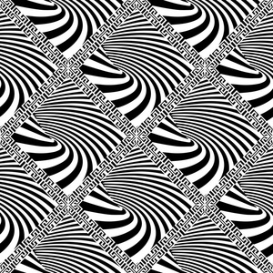 具有径向条纹和曲折框架的几何平铺螺旋装饰.希腊密钥设计照片