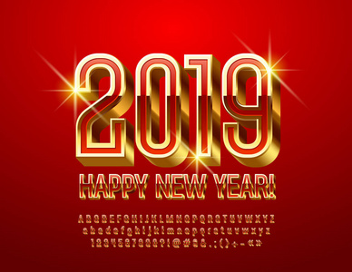 向量明亮的贺卡快乐新年2019年。优雅的红色和金色3d 字体。现代字母数字和符号