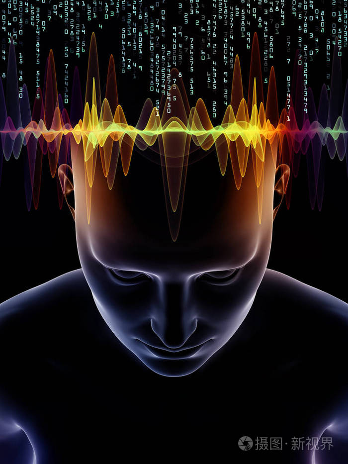 背景由3d 人的头和技术符号的例证组成, 适合在意识,大脑,智力和人工