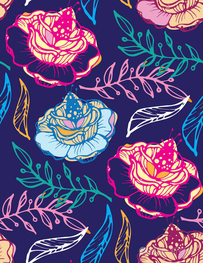 花样背景-手绘涂鸦叶子和花插画-正版商用图片0tkl9n-摄图新视界