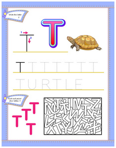 为孩子工作表与字母 t 学习英语字母表。逻辑益智游戏。培养孩子的写作能力和阅读能力。矢量卡通形象