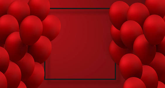 红色节日背景与方形框架和现实的3d 气球