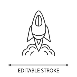 启动启动线性图标。开始做生意。细线插图。火箭, 太空船航天器。项目管理。等高线符号。矢量隔离轮廓绘图。可编辑笔画