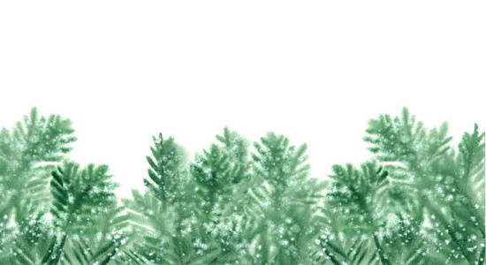 圣诞节的边界与冷杉分枝和雪。白色背景上的水彩插图