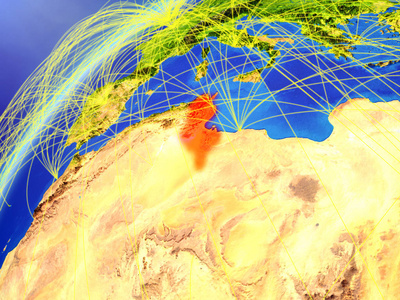 突尼斯在地球模型与国际网络。数字通信和技术的概念。3d 插图。美国宇航局提供的这张图片的元素