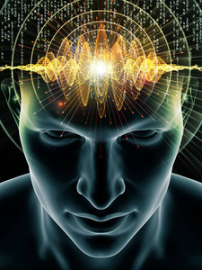 心波系列。人头3d 插图的抽象排列和适合于意识大脑智力和人工智能项目的技术符号