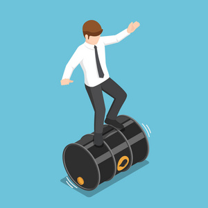 扁平3d 等距商人在滚动油桶平衡.石油危机与投资风险概念照片