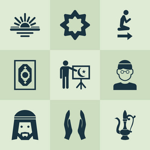 宗教图标设置与马格里布, 穆斯林, 灯和其他 abend 元素。被隔绝的例证宗教图标