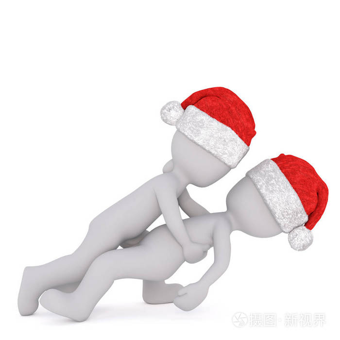 在圣诞老人的帽子摔跤两个 3d 卡通