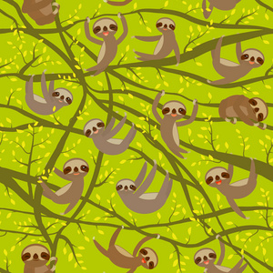 无缝模式搞笑和可爱的微笑三脚趾树上的树爬虫, 绿色时尚的背景。向量例证