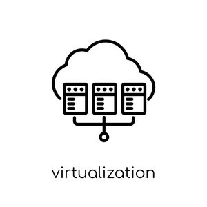 虚拟化图标。时尚现代平面线性矢量虚拟化图标在白色背景上从细线互联网安全和网络集合, 可编辑的轮廓笔画矢量插图