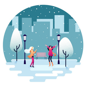 快乐的女孩在公园里和雪走在一起。寒假心情海报