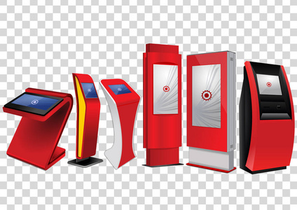 六红色宣传互动信息亭, 广告展示, 终端展台, 触摸屏显示屏, 隔离在透明背景上。模拟模板