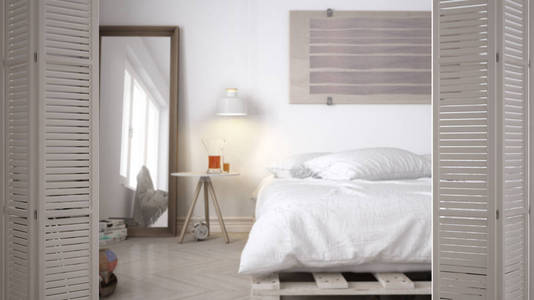白色折叠门开放在现代简约的卧室与双人床, 室内设计, 建筑师设计理念, 模糊背景