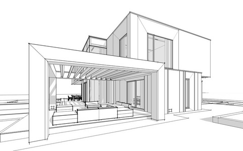 上带有柔和光线阴影的黑色线条草图河边现代舒适房屋的三维渲染草图