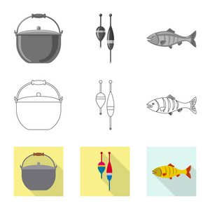 鱼和捕鱼标识的孤立对象。收集鱼和设备股票符号的网站