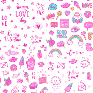 流行艺术粉红色可爱的贴纸, 补丁为婚礼, 情人节, 照片