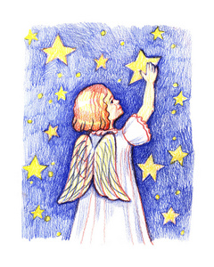 圣诞节可爱的天使与明星。彩色铅笔插图