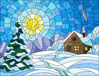 在复古风格冬季景观, 村屋, 枞树上的雪,天空和太阳的背景图照片