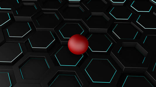 3d 插图的背景, 许多黑色六边形与薄发光条。在六边形上, 几何形状是一个红色的球, 球体。3d 渲染, 抽象