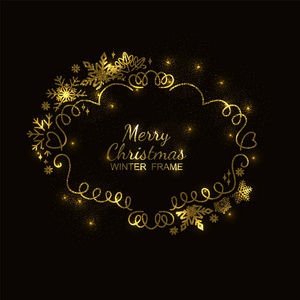 金色雪花框架, 黑色背景, 圣诞节