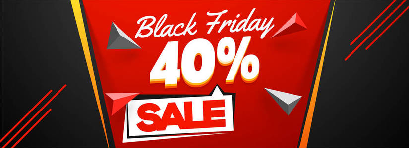 黑色星期五销售横幅或标题设计与40 的折扣优惠和3d 抽象元素在黑色背景
