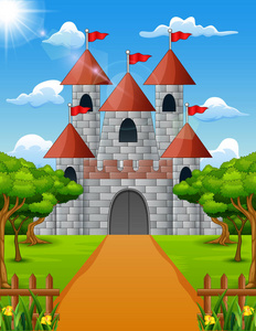 城堡看法从前面与绿色植物